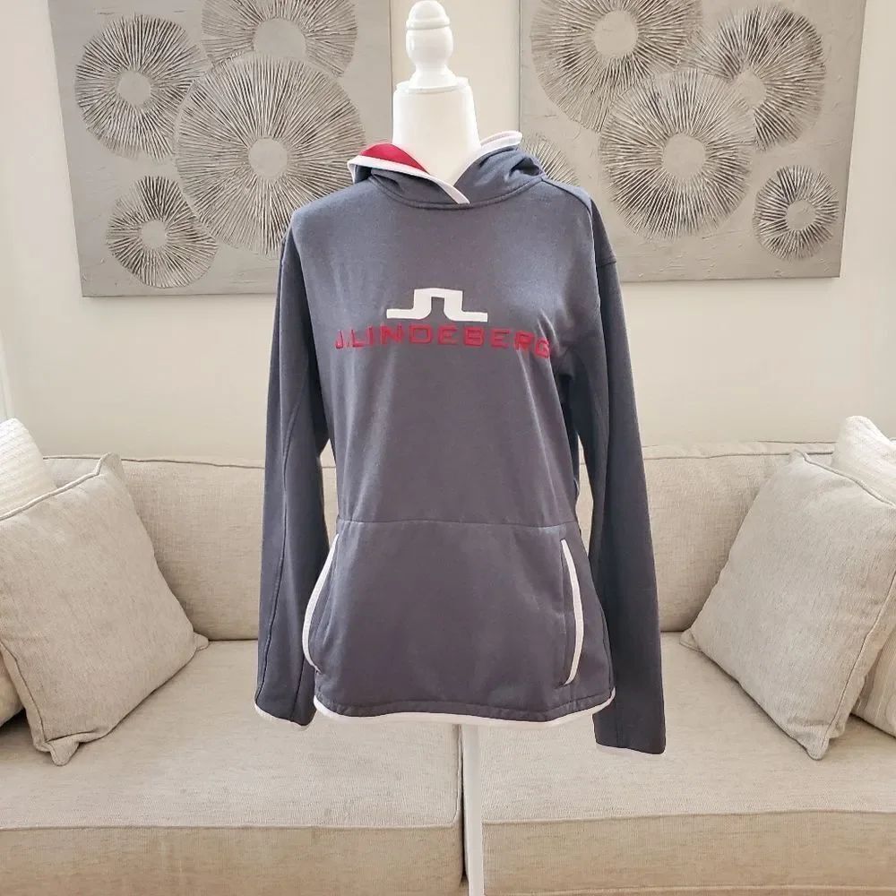 ✨J. LINDEBERG✨ Logo Embroidered Fleece Hoodie Sweatshirt - [XL, Gray]
